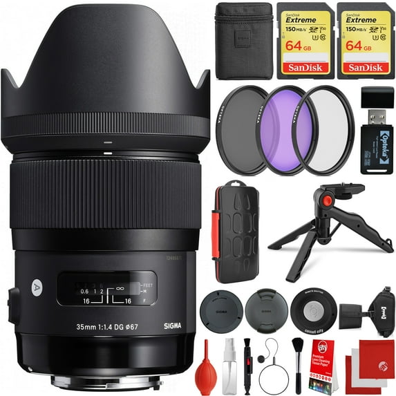 Sigma 35mm f/1.4 ART DG HSM Lens Canon EOS EF-Mount Bundle with 2x 64GB Memory Cards, IR Remote, 3 Piece Filter Kit, Wrist Strap, Card Reader, Memory Card Case, Tabletop Tripod