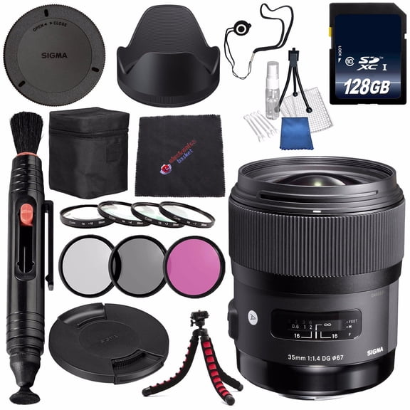 Sigma 35mm f/1.4 DG HSM Art Lens for Nikon DSLR Cameras #340306 + 67mm 3 Piece Filter Kit + 128GB SDXC Memory Card + Le