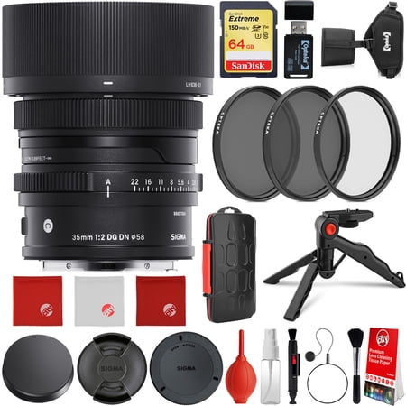Sigma 35mm f/2 DG DN Contemporary Lens Sony E-Mount Bundle with 64GB Extreme Memory Card, 3-Piece Filter Kit, Wrist Strap, Card Reader, Memory Card Case, Tabletop Tripod