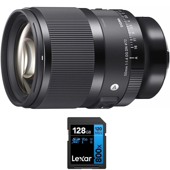 Sigma 50MM F1.4 DG DN Art Lens, Sony E-Mount Bundle with Lexar 128GB High-Performance 800x UHS-I SDHC Memory Card (BLUE Series)