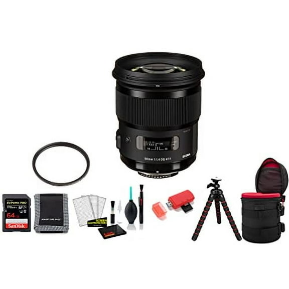 Sigma 50mm F/1.4 DG HSM Art Lens for Nikon F with 64GB Memory Card , UV Filter, Tripod and More (International Model)