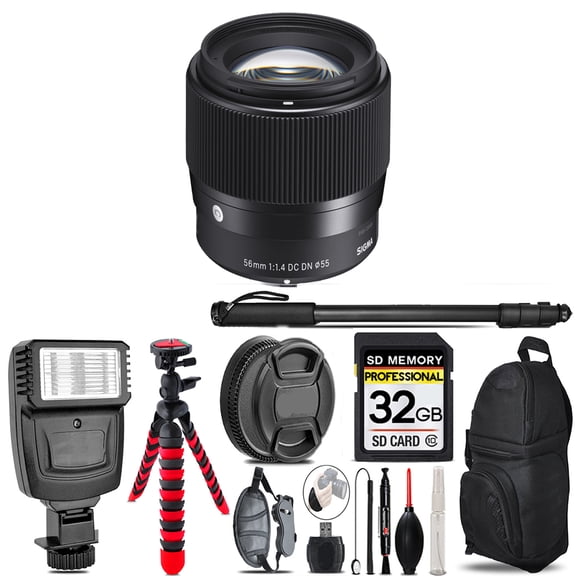 Sigma 56mm f/1.4 DC DN Contemporary Lens for Sony E + Flash - 32GB Accessory Kit