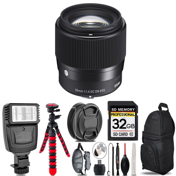 Sigma 56mm f/1.4 DC DN Contemporary Lens for Sony E + Flash + Tripod & More - 32GB Accessory Kit (International Version)
