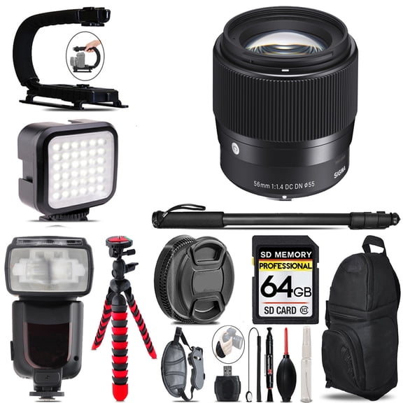 Sigma 56mm f/1.4 DC DN Contemporary Lens for Sony E + LED Flash+ Bag - 64GB Accessory Bundle