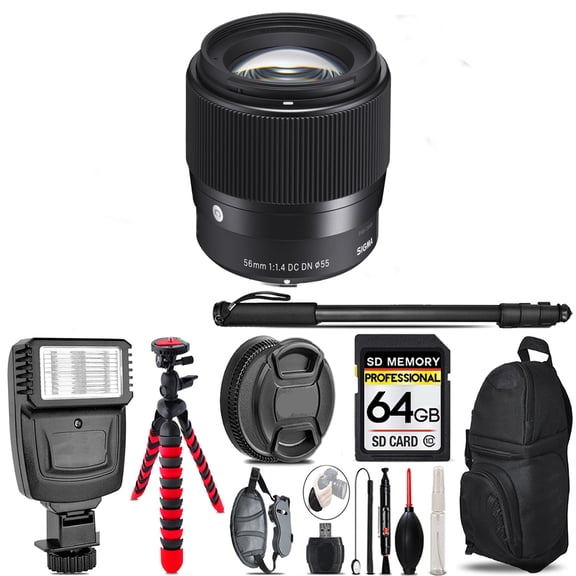 Sigma 56mm f/1.4 DC DN Contemporary Lens for Sony E - Video Kit + Flash - 64GB Accessory Bundle