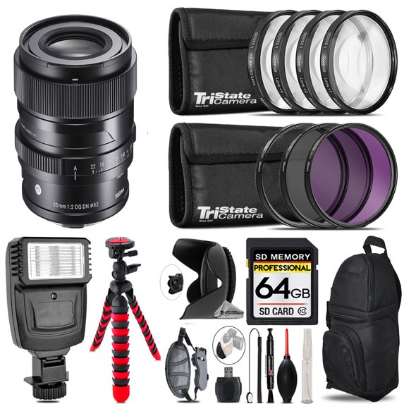 Sigma 65mm f/2 DG DN Contemporary Lens for Sony E+ Flash + Tripod & More - 64GB Accessory Kit