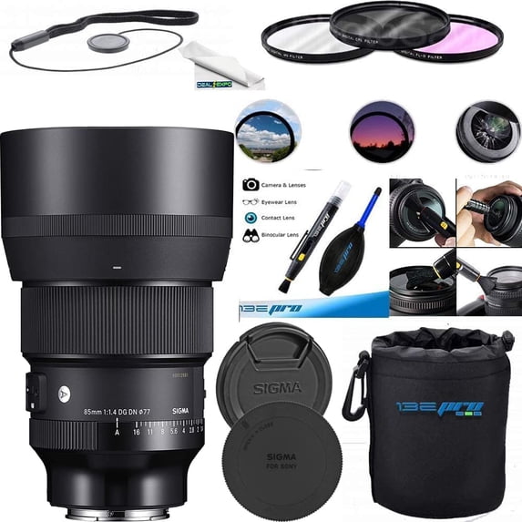 Sigma 85mm F1.4 DG DN Sony E Expo Essential Accessories Bundle with Lens Cap Keeper + Dust Blower + Brush Pen + 3PCS Filter Kit + Lens Pouch + Fiber Cloth