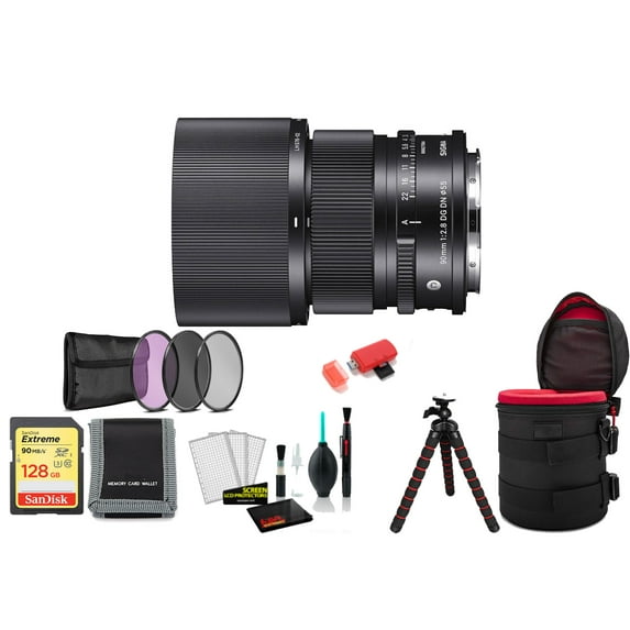 Sigma 90mm F/2.8 DG DN Contemporary Lens for Leica L (261969) Bundle with 128GB Memory Card, Tripod, Filter Kit and More