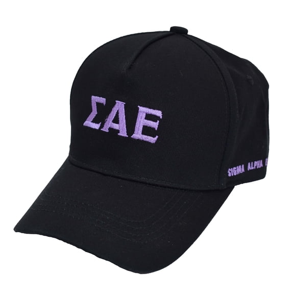 Sigma Alpha Epsilon Fraternity Baseball Cap - Brushed Cotton 5-Panel Black Hat, Adjustable Size, Embroidered Greek Letters and Fraternity Name in Print