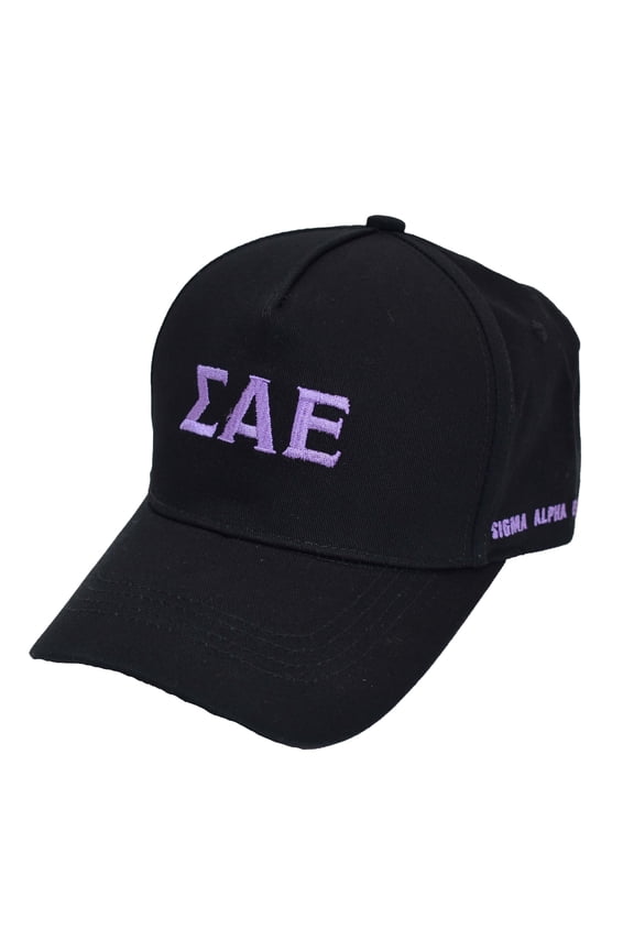 Sigma Alpha Epsilon Fraternity Baseball Cap - Brushed Cotton 5-Panel Black Hat, Adjustable Size, Embroidered Greek Letters and Fraternity Name in Print