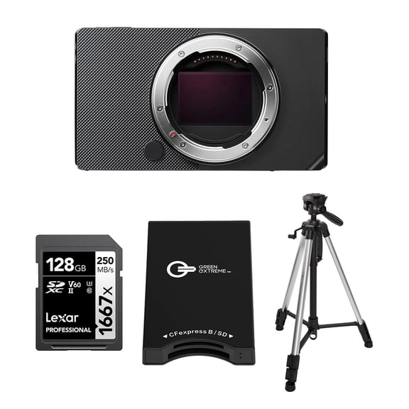 Sigma BF Mirrorless Camera, Black, Bundle with 3-Section Aluminum Tripod, 128GB SDXC Memory Card and Type-B Card Reader