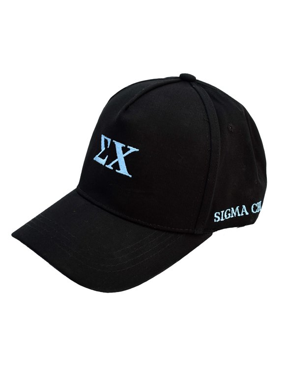 Sigma Chi Fraternity Baseball Cap - Brushed Cotton 5-Panel Black Hat, Adjustable Size, Embroidered Greek Letters and Fraternity Name in Print