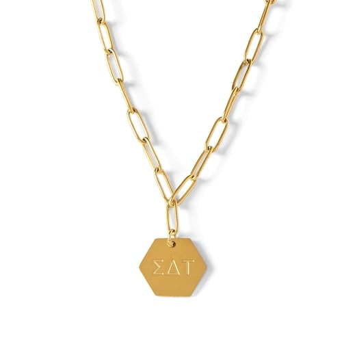 Sigma Delta Tau Necklace, 18k Gold Plated Paperclip Style Chain with Sorority Letters Pendant