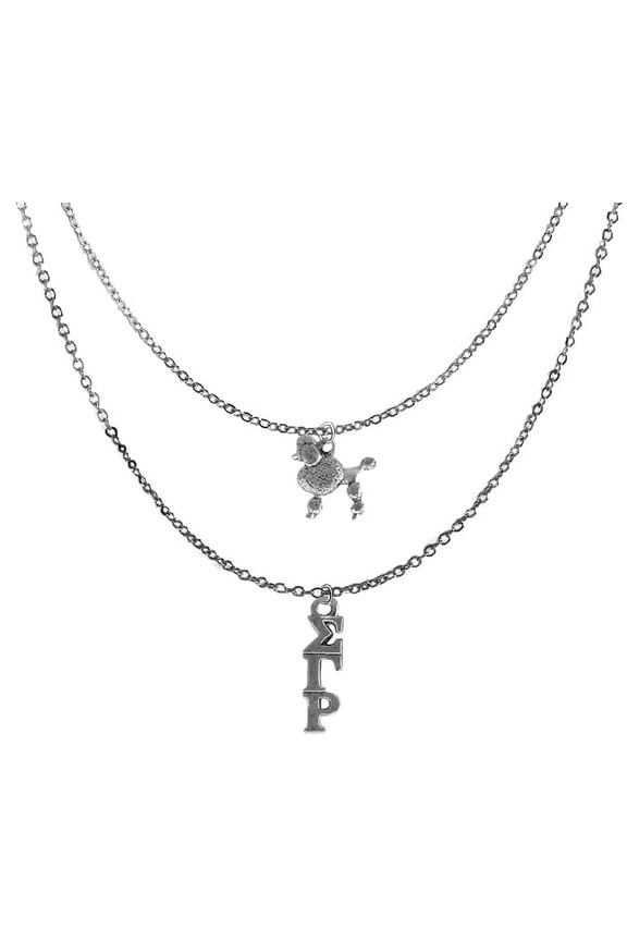 Sigma Gamma Rho Sorority Jewelry, Adjustable Double Chain Silvertone Necklace.Greek Letters, Poodle Mascot. Hypoallergenic-Safe,No Nickel,Lead,Or Cadmium In The Metal. Great Gift For Big/Little Sister