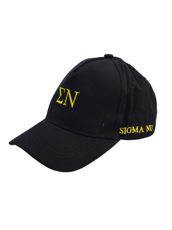 Sigma Nu Fraternity Baseball Cap - Brushed Cotton 5-Panel Black Hat, Adjustable Size, Embroidered Greek Letters and Fraternity Name in Print