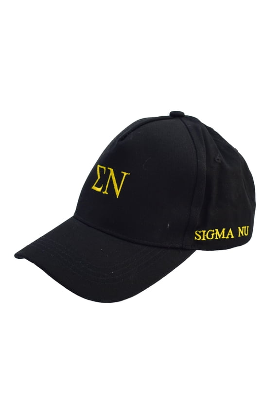 Sigma Nu Fraternity Baseball Cap - Brushed Cotton 5-Panel Black Hat, Adjustable Size, Embroidered Greek Letters and Fraternity Name in Print