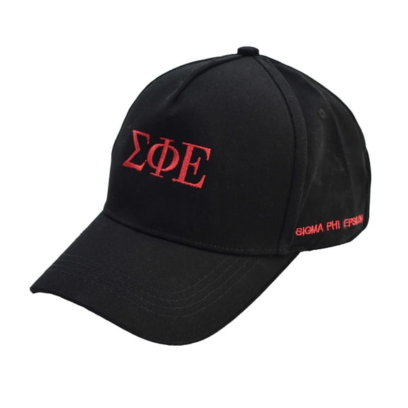 Sigma Phi Epsilon Fraternity Baseball Cap - Brushed Cotton 5-Panel Black Hat, Adjustable Size, Embroidered Greek Letters and Fraternity Name in Print