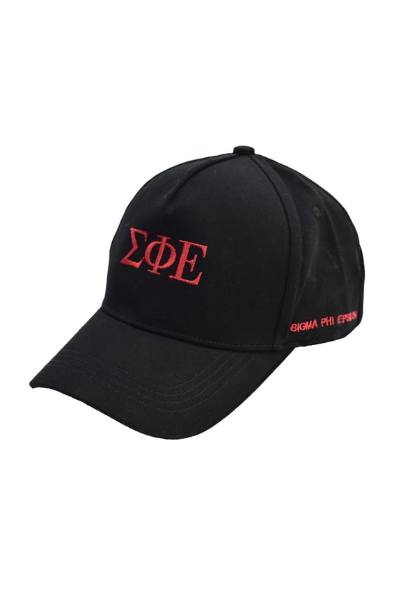 Sigma Phi Epsilon Fraternity Baseball Cap - Brushed Cotton 5-Panel Black Hat, Adjustable Size, Embroidered Greek Letters and Fraternity Name in Print