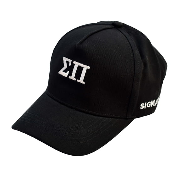 Sigma Pi Fraternity Baseball Cap - Brushed Cotton 5-Panel Black Hat, Adjustable Size, Embroidered Greek Letters and Fraternity Name in Print
