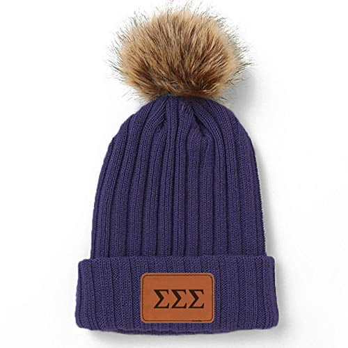 Sigma Sigma Sigma Beanie Hat - Tri Sigma Pom Pom Beanie Hat with SSS Name Patch Purple