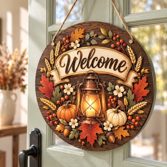 Sign Autumn Pumpkin Lantern Wooden Door Hanger Fall Decor