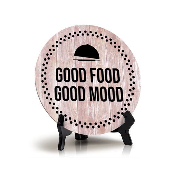 Sign ByLITA Circle Good Food, Good Mood Wood Color Table Sign (5x5)