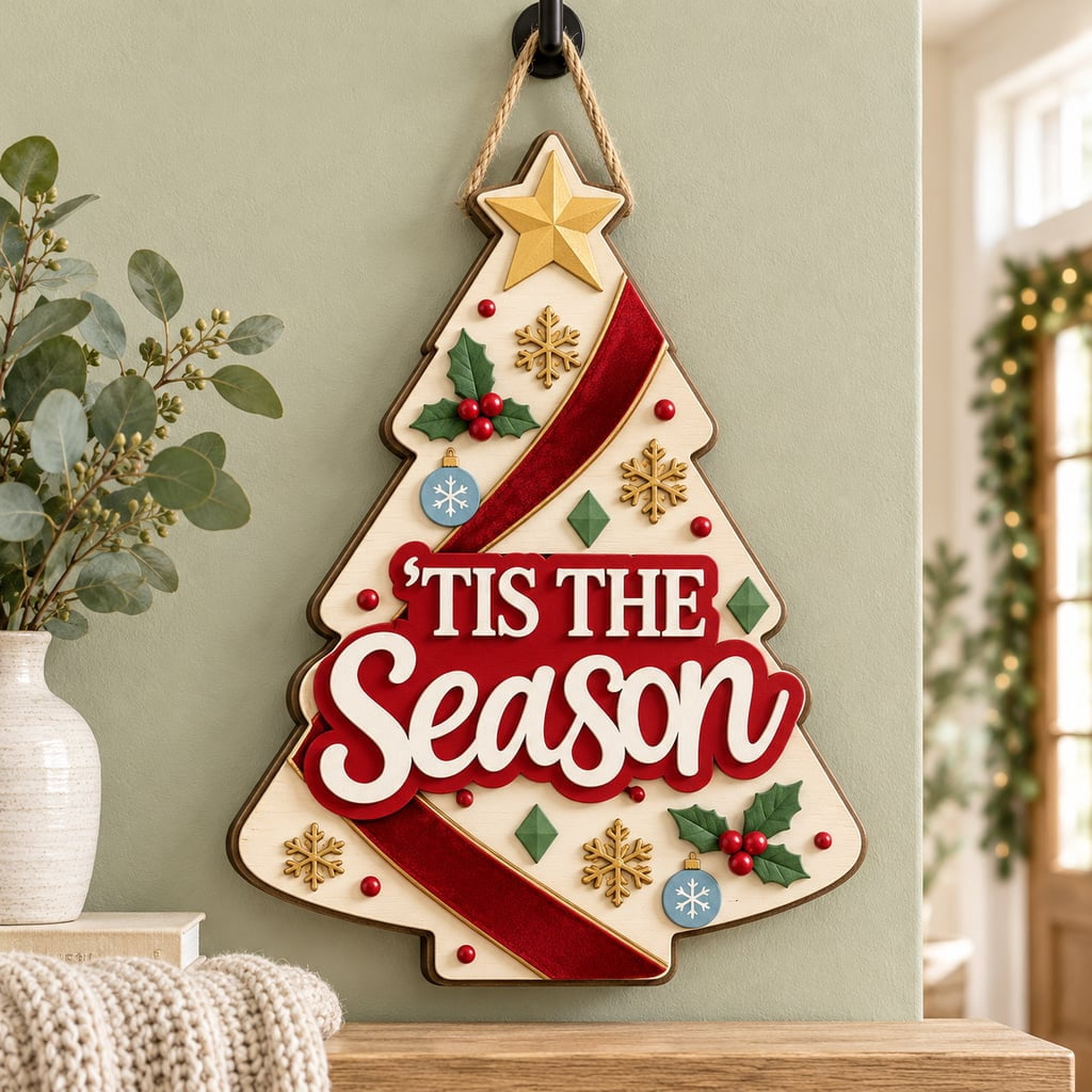 Sign Christmas Tree Tis the Season Wooden Door Hanger Holiday Decor ...