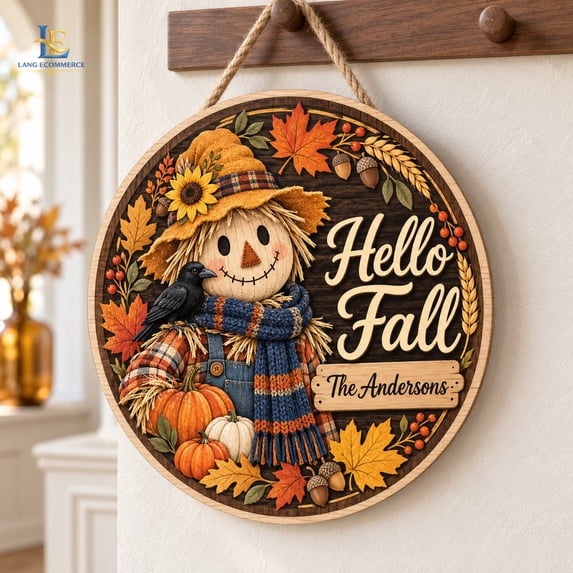 Sign Hello Fall Scarecrow and Autumn Leaves Design Wooden Door Decor ...