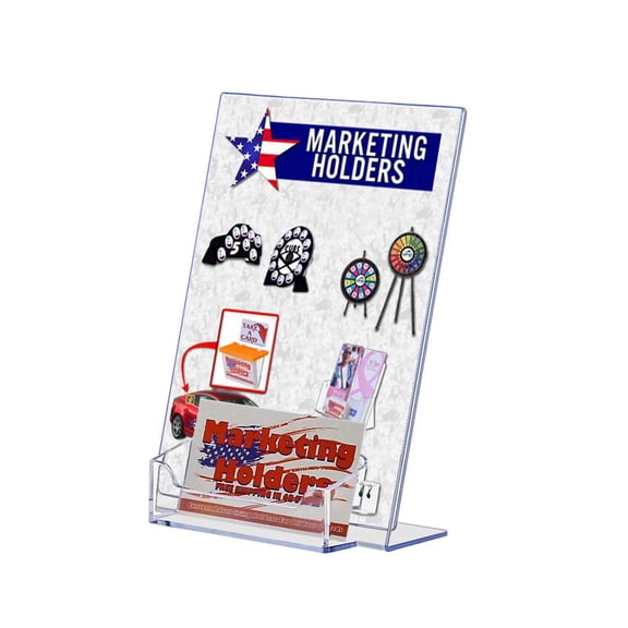 Marketing Holders Sign Holder 5" x 7" with 3.5" x 2" Business Card Pocket Clear Acrylic Countertop Design Printed Material Literature Flyer Frame Slant Back