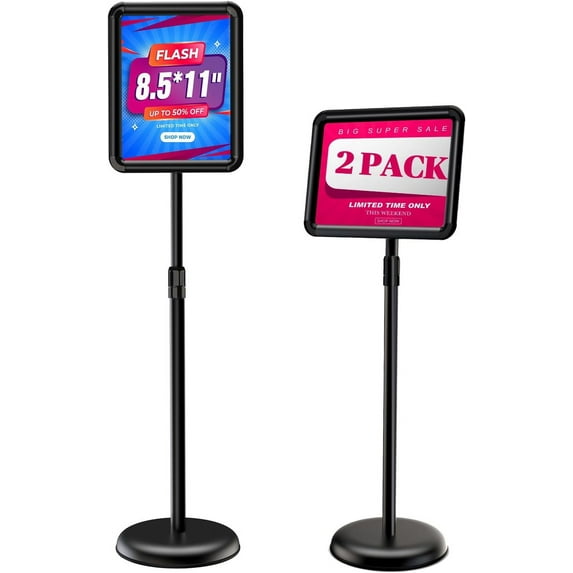 Sign Holder - 8.5x11" 2PCS Adjustable Sign Stand Poster Holder with Heavy Metal Base for Floor Sign Standing Display, 360° Rotation Pedestal Floor Stand for Business Restaurant Mall (Black)