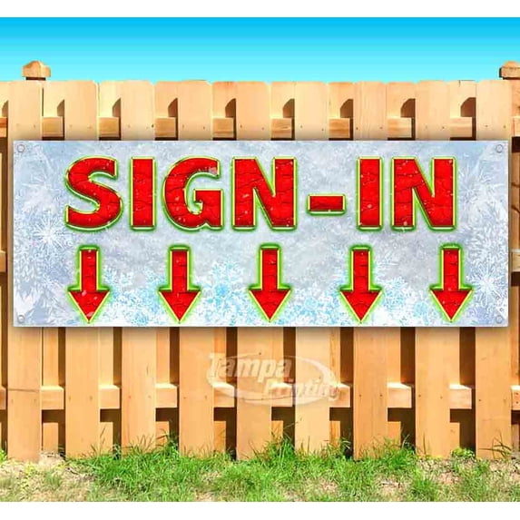 Sign-In Down Arrow Red Caps 13 oz Vinyl Banner With Metal Grommets