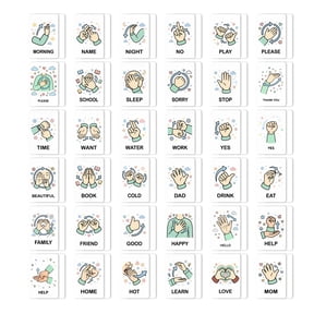 Sign Language Flash Cards for Beginners, 36 Cards ASL Learning Materials with Illustrations, Communication Education Tool for Speech Therapy Classroom