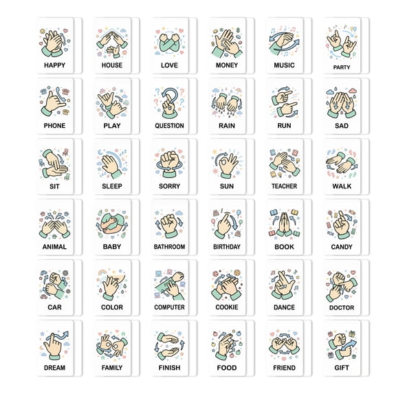 Sign Language Flash Cards for Beginners, 36 Cards ASL Learning Materials with Illustrations, Communication Education Tool for Speech Therapy Classroom