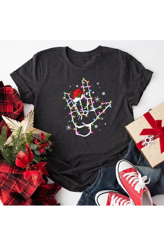 Sign Language Santa Hat T-Shirt, ASL Lights Christmas Shirt, Sign Language Christmas Shirt