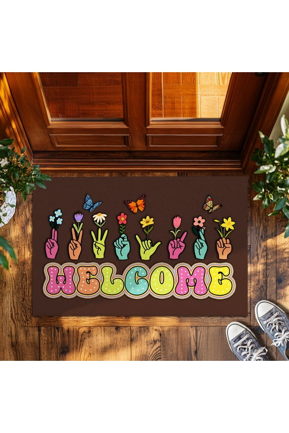 Sign Language Welcome Doormat, Colorful ASL Welcome Mat for Front Door Indoor Entrance, Non-Slip Absorbent Floor Rug