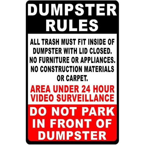 Sign Metal Sign Dumpster Rules Trash Disposal Rules. Under Surveillance. No Construction Waste Sign for Outdoor & Indoor 12" x 8"