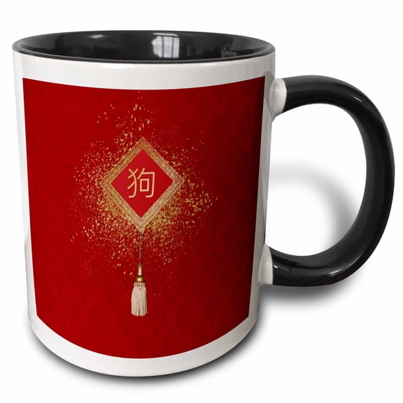 3drose, Sign of Pig in Chinese on Gold Look Diamond Shape, Elegant Tassel, Red, 11oz Two-tone Black Mug