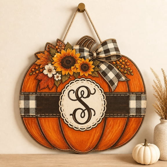 Sign Personalized Initial Pumpkin Floral Wooden Door Hanger Fall Decor