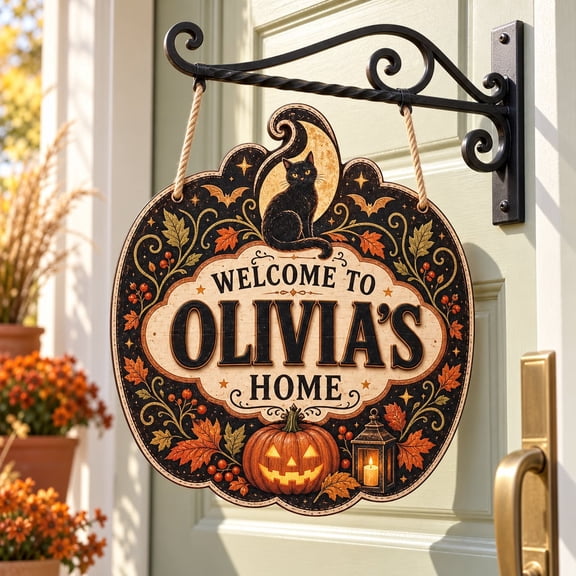 Sign Personalized Vintage Pumpkins, Ghosts and Candy Corn Wooden Welcome Hanging Decor for Front Porch, Halloween
