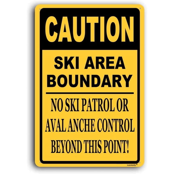 Sign, Ski Boundary Area Sign, Skiing Warning Sign, 8x12 Inch, Skis Lodge Decorations Mountain Resort Wall Decor Metal Tin Sign