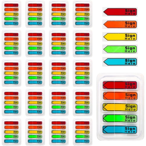 Sign Here Tabs, 2400 Pcs/ 24 Packs Sign Here Sign Date Stickers 5 Colors with Dispenser Arrow Flags Sign Here Tabs Easy to Post for Notary Books Paper (Sign Here)