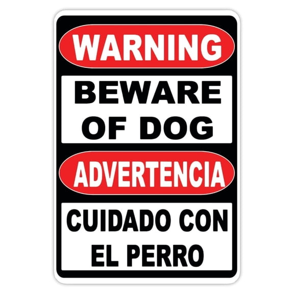 Sign Warning Bilingual Beware of Dog Sign English & Spanish Safety Sign Tin Metal Street Yrad Sign Decor for Outdoor & Indoor Size: 8 x 12 inch