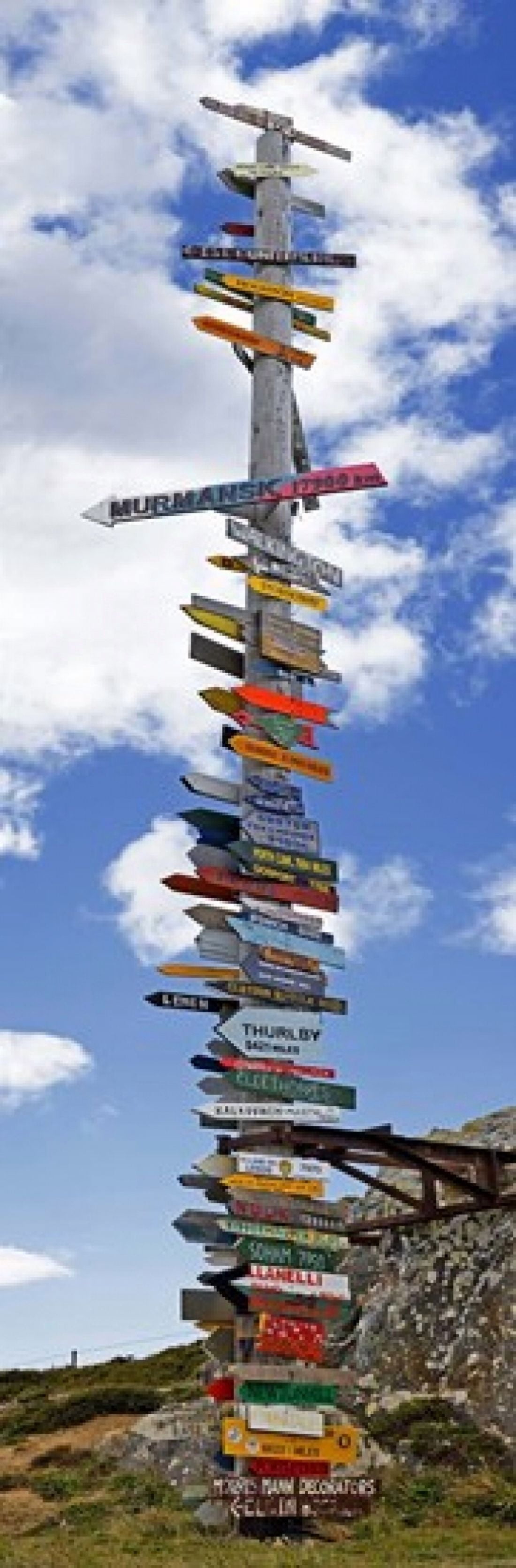 Sign post showing distances to various countries Stanley Falkland Islands Canvas Art - Panoramic Images (36 x 12)