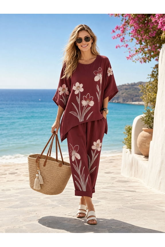 Women Burgundy Large Floral Embroidery Asymmetrical Batwing Top & Cuffed Cropped Pants 2 Piece Beach Linen Outfit Sets, S