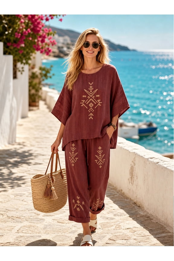 Women Burgundy Tribal Geometric Embroidered Batwing Top & Cuffed Cropped Pants 2 Piece Boho Linen Outfit Sets, S