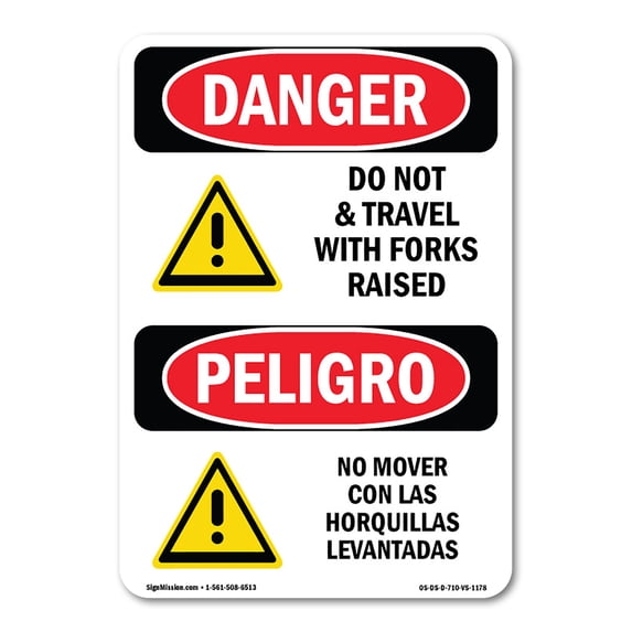 OSHA Danger Sign - Do Not Travel With Forks Raised Bilingual | Aluminum Sign | Protect Your Business, Construction Site, Shop Area | Made in The USA