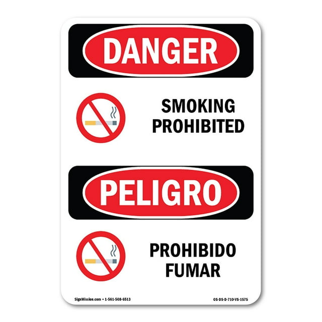 SignMission OS-DS-A-1014-VS-1575 10 x 14 in. OSHA Danger Sign - Smoking Prohibited Bilingual