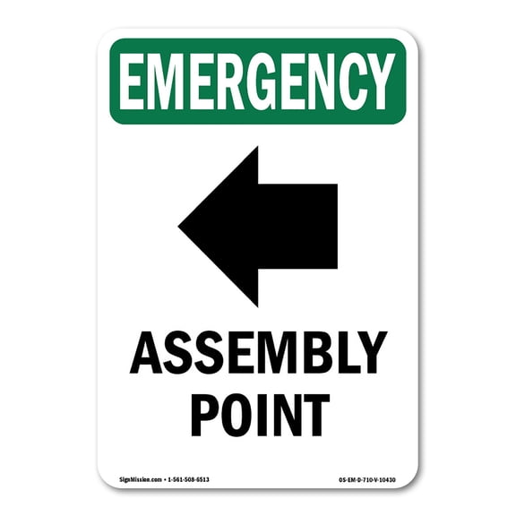 OSHA EMERGENCY Sign - Assembly Point [Left Arrow] With Symbol | Aluminum Sign | Protect Your Business, Work Site, Warehouse & Shop Area | Made in the USA