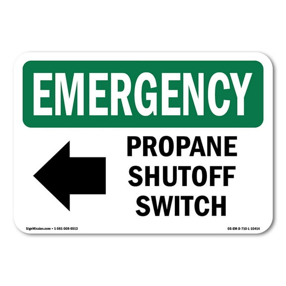 SignMission  10 x 14 in. OSHA Emergency Sign - Propane Shutoff Switch Left Arrow with Symbol