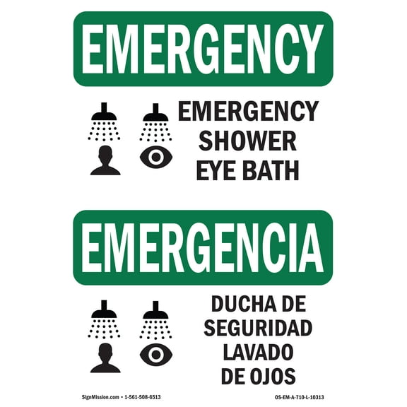 SignMission OS-EM-A-1014-L-10313 10 x 14 in. OSHA Emergency Sign - Shower Eye Bath Bilingual